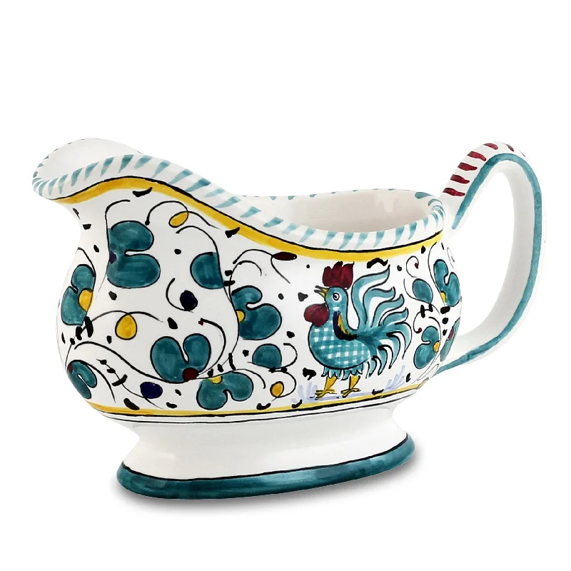 luxury porcelain dinnerware for formal occasions -ORVIETO GREEN ROOSTER: Gravy Sauce boat