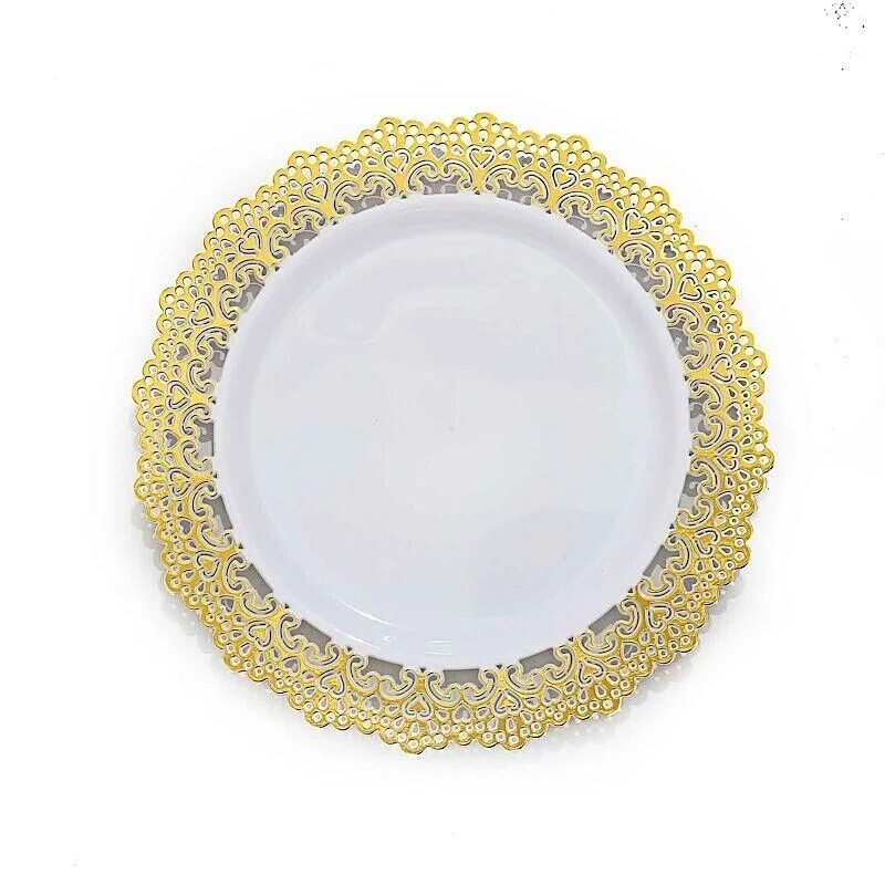 reusable porcelain plates for catering -10 Round White Plastic Plates with Gold Lace Trim