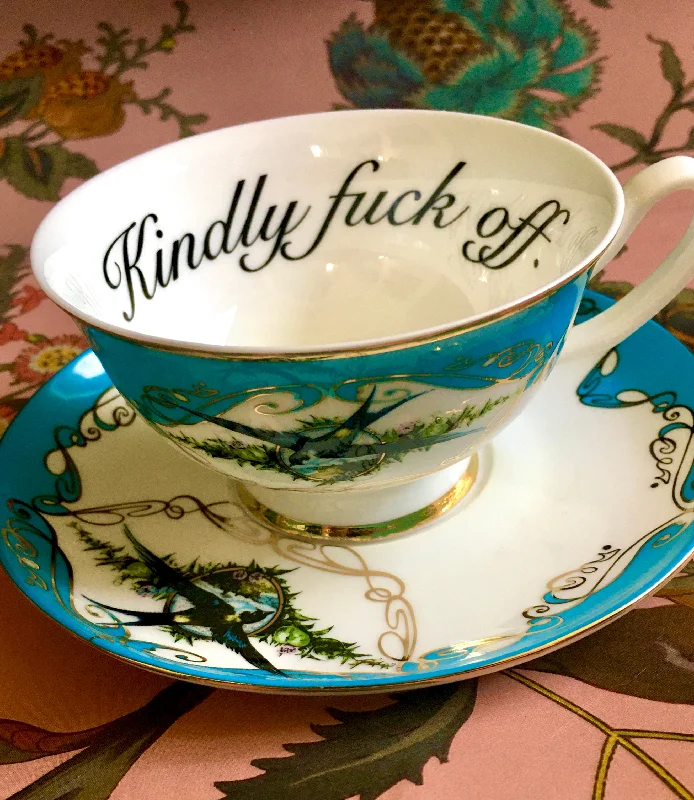 ceramic travel mug for hot drinks -Aqua Havisham Kindly Fuck Off Insult Teacup and Saucer