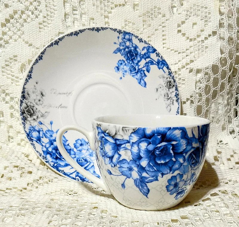 oversized coffee mug with design -Blue and Gray England Rose Teacups and Saucers Case of 24 with 24 Tea Cups & 24 Saucers Cheap price; elegant appearance!