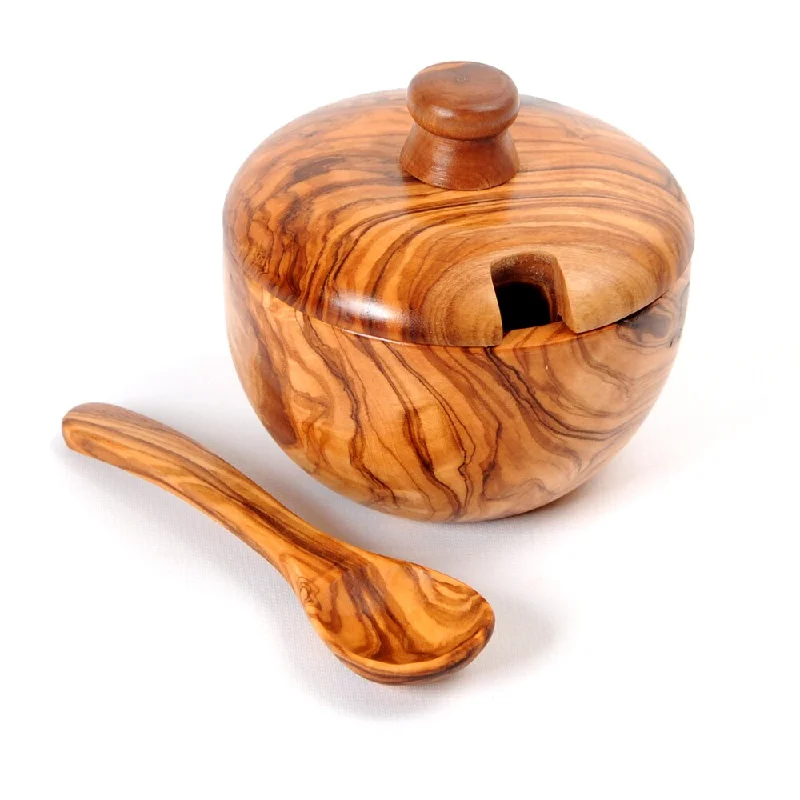 modern porcelain dinnerware for holiday events -Handmade Olive Wood Sugar Bowl with Spoon (Tunisia)