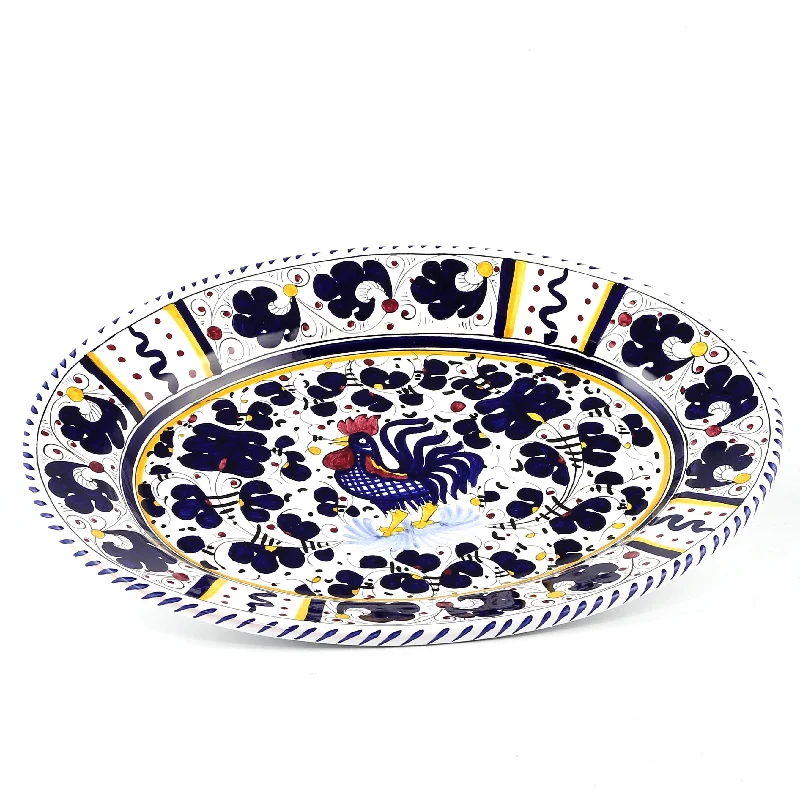 luxury porcelain dinnerware for casual dining -ORVIETO BLUE ROOSTER: Large Oval Platter