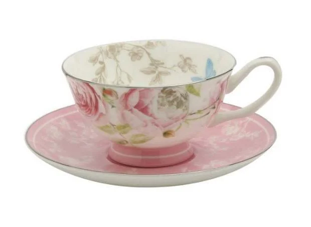 insulated travel coffee cup with lid -Pink Beau Rose Fine Bone China Tea Cup and Saucer Set