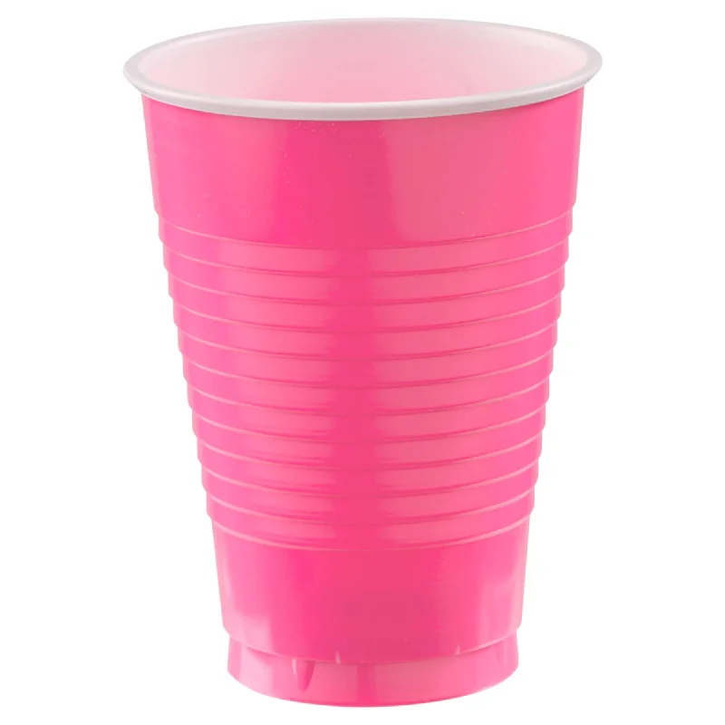 reusable coffee cup with lid -PLASTIC CUPS - BRIGHT PINK  12 OZ   20 COUNT