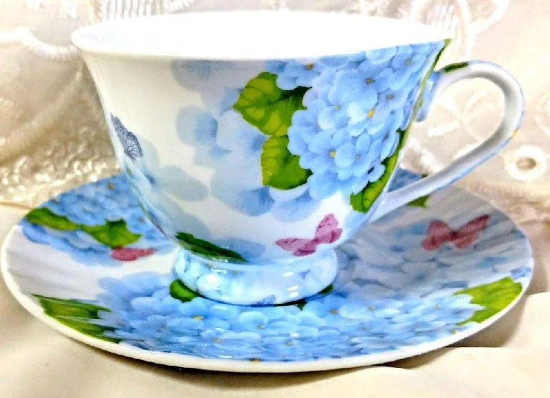 artistic ceramic coffee mug -Blue Hydrangea and Butterflies Porcelain Teacups Set of 6 Tea Cups