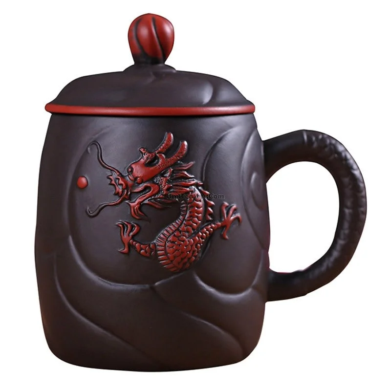 travel coffee mug with handle -Yixing Purple Clay Dragon Tea Cup With Infuser