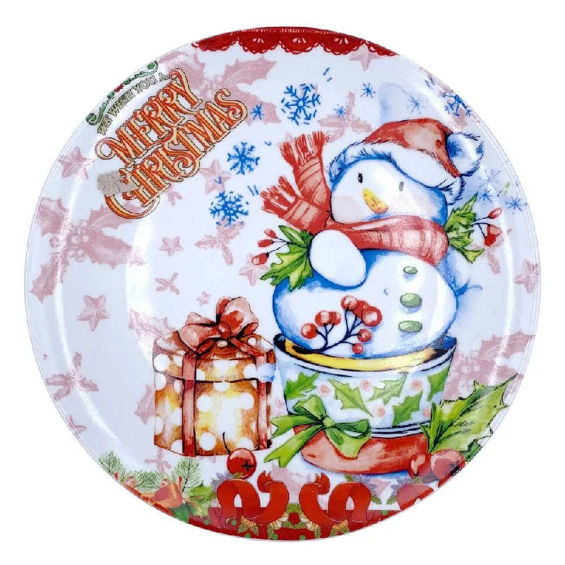 modern porcelain dinnerware for holiday events -Christmas Snowman Round Dining Plate 10" with Plate Holder