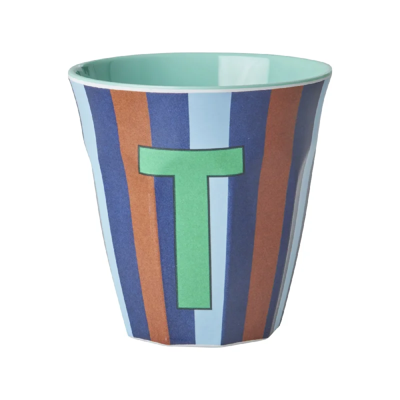 creative tea cup for gifts -Rice DK Melamine Cup with The Letter T - Stripes Blueish - Medium - 250ml