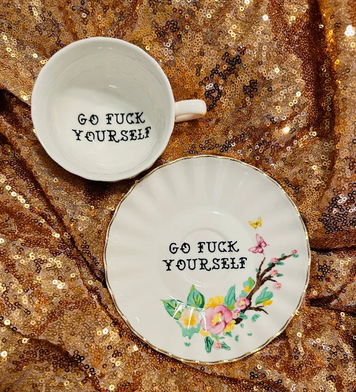 best thermal coffee mug -Go fuck yourself | vulgar vintage floral china tea cup with matching saucer