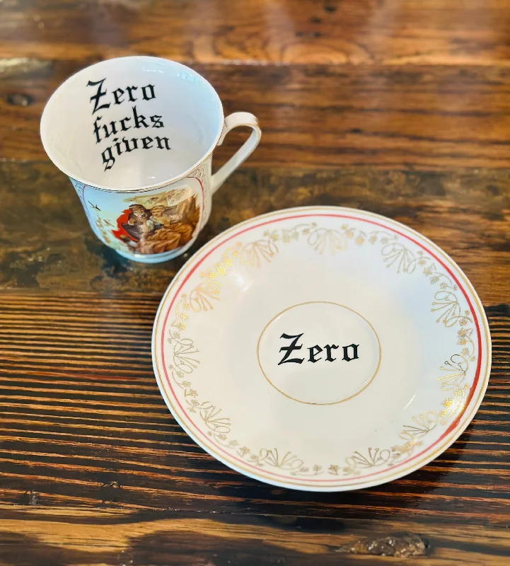 small ceramic coffee cup -Zero fucks given | vulgar vintage Love Birds tea/coffee cup and "Zero" saucer