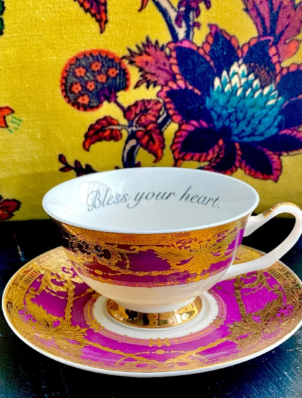 vintage tea mug -Purple Perfection Bless your heart teacup and saucer