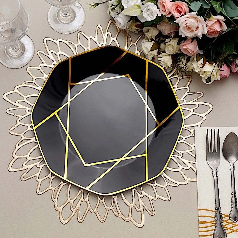 reusable porcelain serving trays for formal dinners -10 Pack 10" Octagon Disposable Plastic Plates with Gold Geometric Design