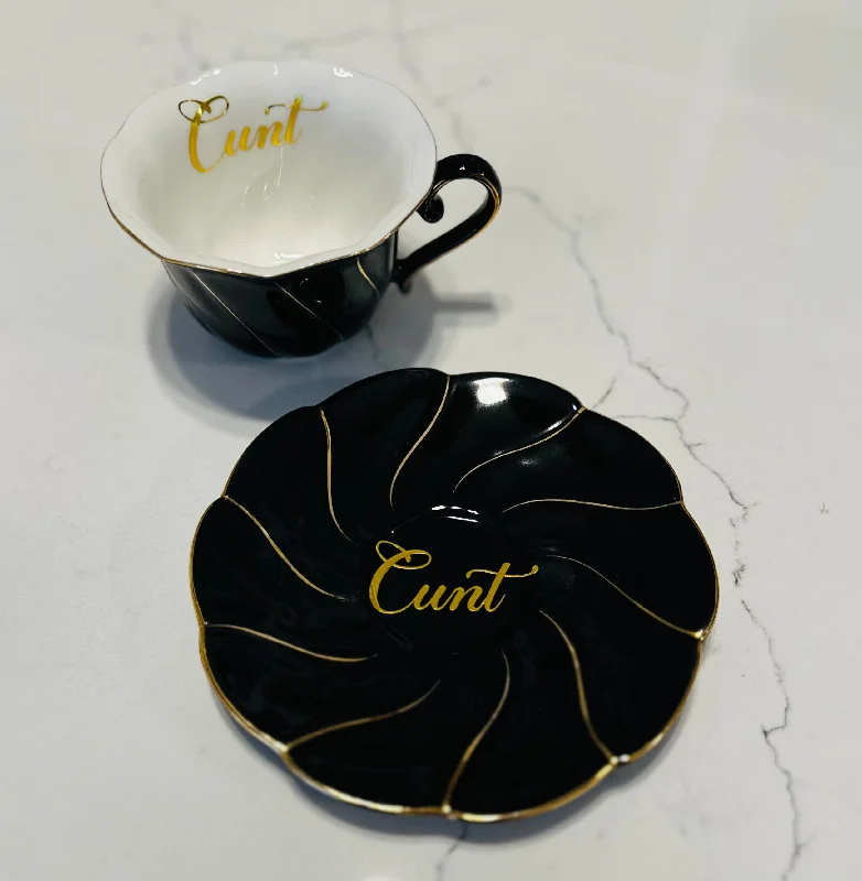 premium insulated tea mug -Cunt | Vulgar vintage style black tea cup and saucer set with metallic gold lettering