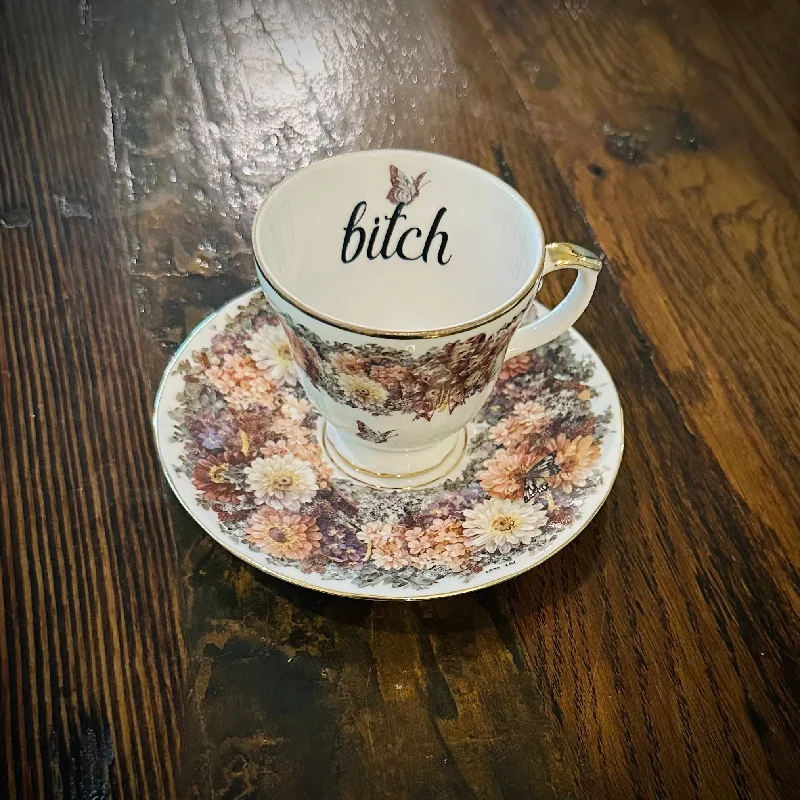 oversized coffee cup for tea -bitch | vulgar numbered Bradford Edition china tea cup with matching saucer