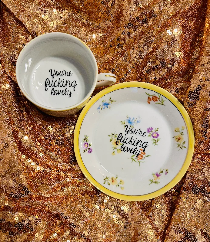 personalized coffee travel cup -You’re fucking lovely | vulgar vintage Grand Duchess floral cappuccino cup and saucer set