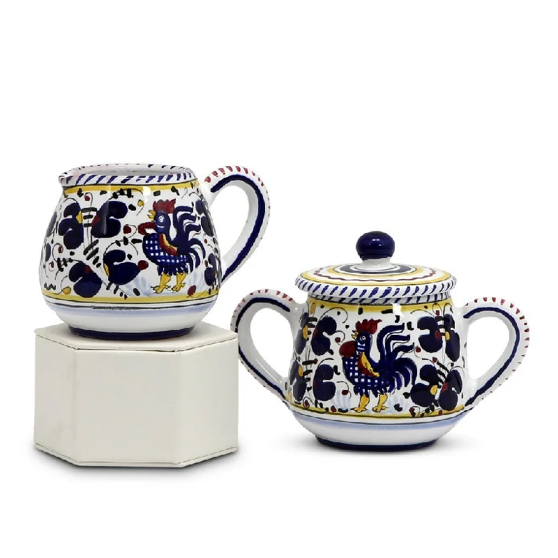 luxury bamboo dinnerware for special occasions -ORVIETO BLUE ROOSTER: Sugar and Creamer