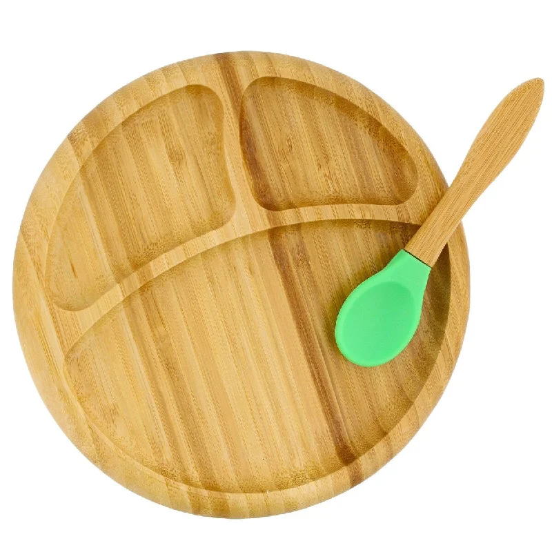 premium porcelain serving platters for fine dining -Green Bamboo Toddler Plates with Suction Spoon