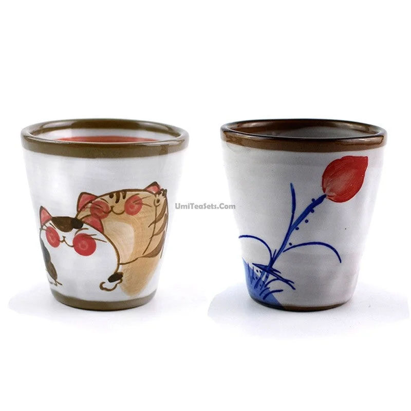 modern tea cup with design -(Set of Two) Hand Painted Lotus Japanese Tea Cup