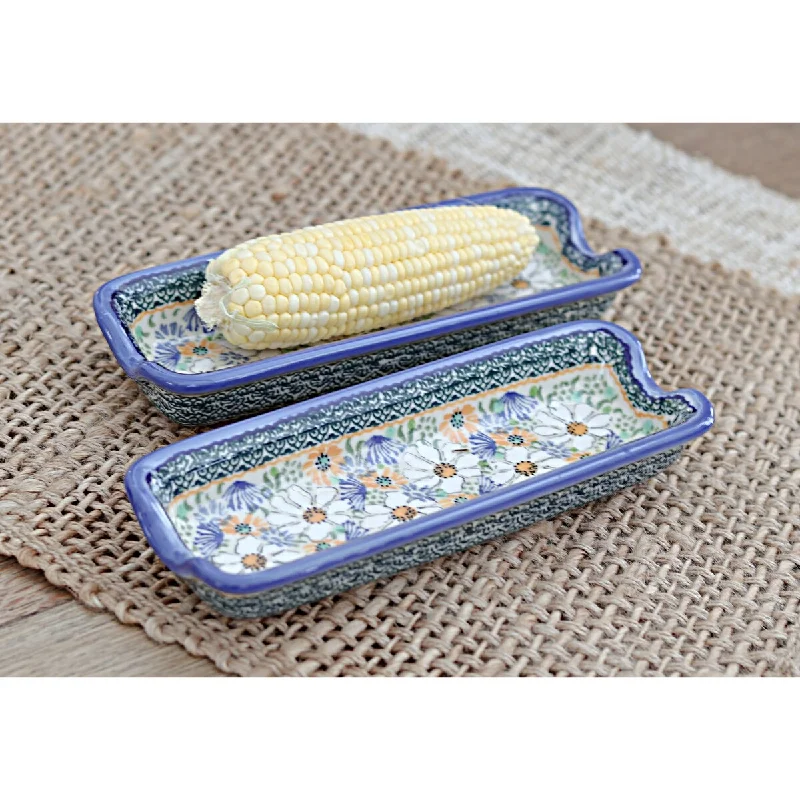 reusable bamboo serving plates for daily use -Blue Rose Polish Pottery PK03 Galia Corn on the Cob Plate