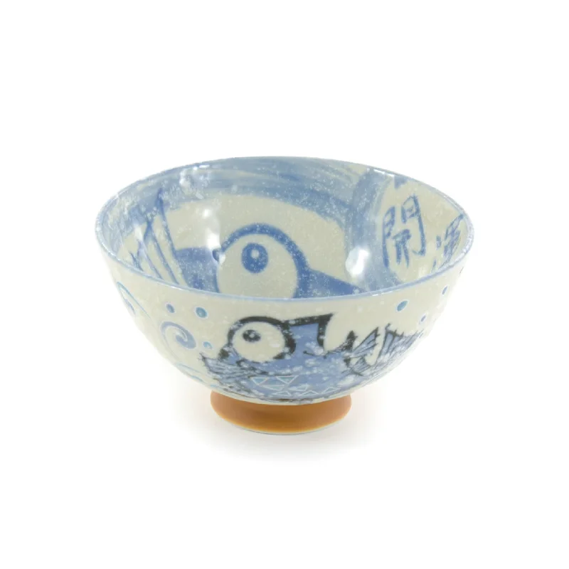 reusable porcelain cups for picnics -Rice Bowl With Blue Fish, 12cm