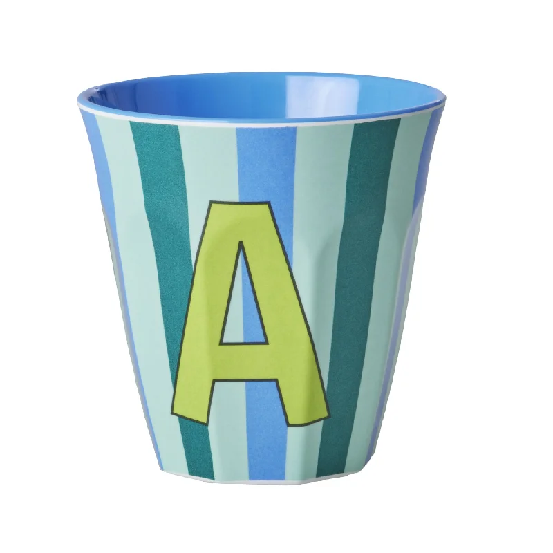 coffee cup with lid for hot drinks -Rice DK Melamine Cup with The Letter A - Stripes Blueish - Medium - 250ml