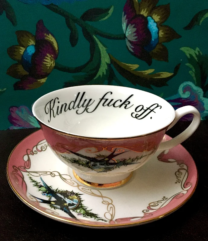 stylish coffee cup with lid -Pink Havisham Kindly Fuck Off Insult Teacup and Saucer