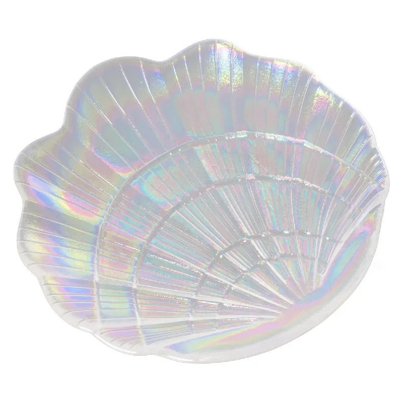 modern bamboo serving trays for picnics -Glass Iridescent Colorful Seashell Trinket Soap Candy Ring Dish Plate