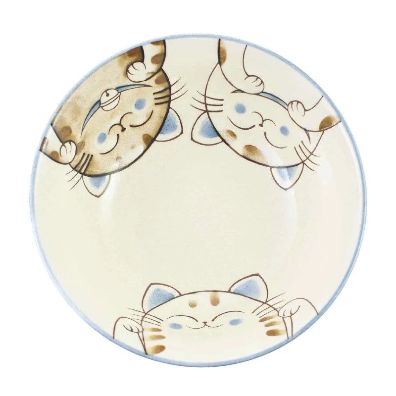 premium porcelain flatware for family events -Blue Lucky Cat Japanese Ramen Bowl, 21cm