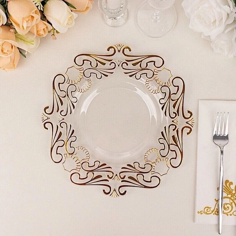 premium porcelain dinner plates for formal meals -10 Pack 8 Inch Clear Disposable Dinner Plates with Gold Baroque Design