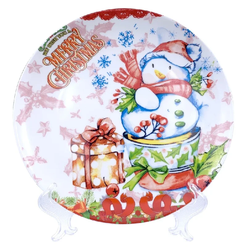 eco-friendly porcelain flatware for outdoor events -Christmas Snowman Round Appetizer Plate 7" with Plate Holder