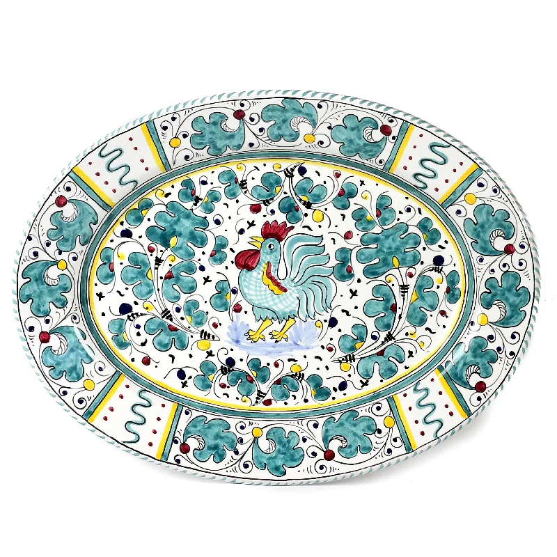 stylish porcelain dinner plates for casual meals -ORVIETO GREEN ROOSTER: Large Oval Platter