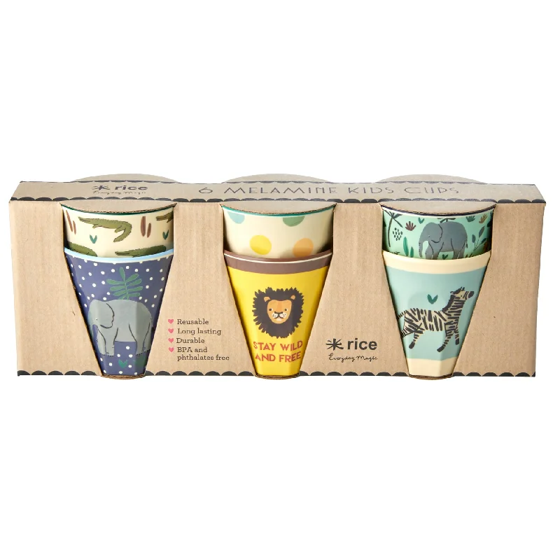 glass coffee cup with lid -Rice DK Melamine Kids Cups with Assorted Jungle Print - Small - 6 pcs in Giftbox