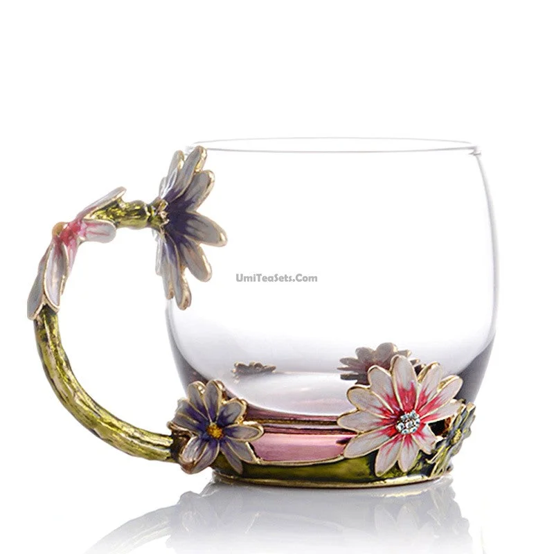 vintage coffee mug for gifts -Colour Enamel Flowers Glass Tea Cup