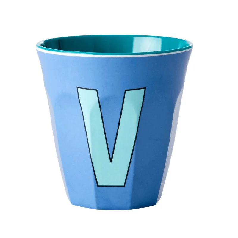 eco travel coffee mug -Rice DK Melamine Cup with The Letter V - New Dusty Blue - Two Tone - Medium