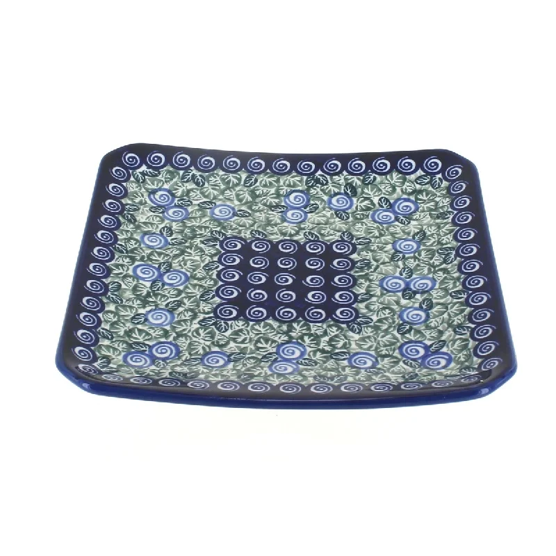 eco-friendly bamboo plates for catering services -Blue Rose Polish Pottery 2040 Zaklady Square Dessert Plate