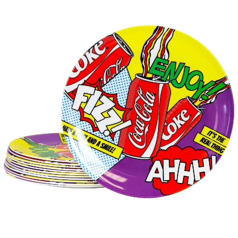 eco-friendly bamboo serving trays for family events -Coca Cola Pop Art 12 Piece 10.5" Melamine Dinner Plate