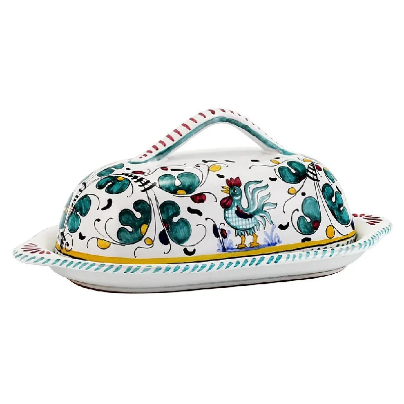 luxury porcelain dinner plates for casual dining -ORVIETO GREEN ROOSTER: Butter Dish w cover