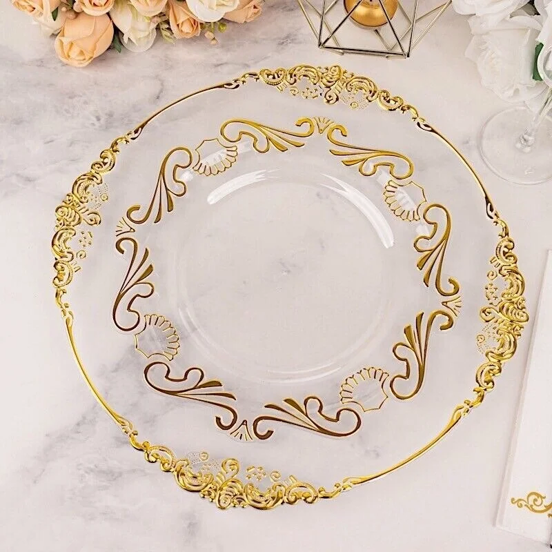 personalized porcelain serving dishes for events -10 Pack 10 Inch Clear Disposable Dinner Plates with Gold Baroque Design