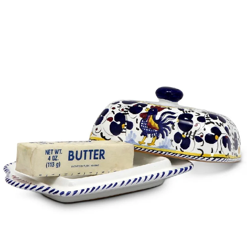 premium porcelain dinner plates for formal meals -ORVIETO BLUE ROOSTER: Butter Dish with Cover