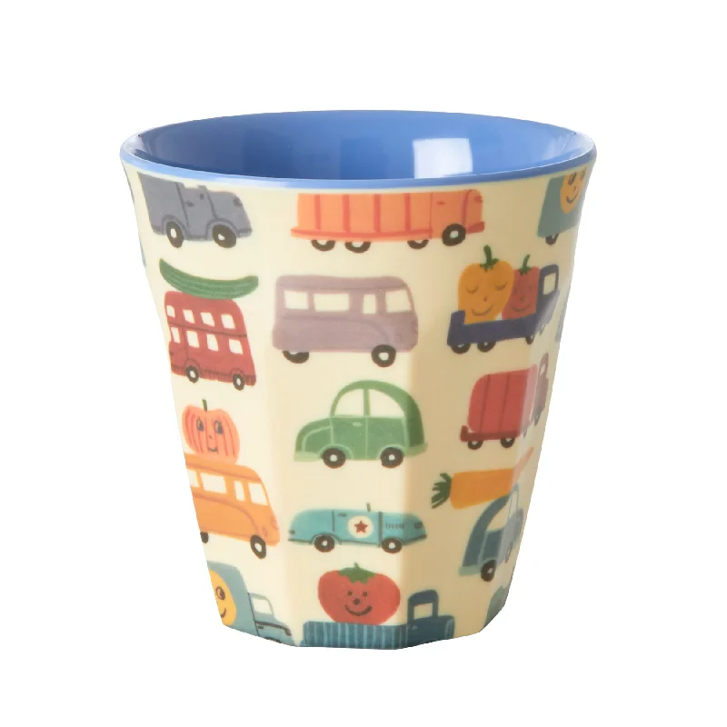 high-quality travel mug -Rice DK Melamine Cup with Happy Cars Print - Two Tone - Medium