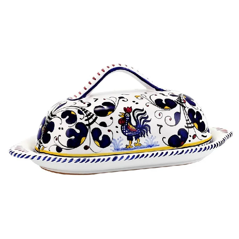 luxury porcelain bowls for serving salads -ORVIETO BLUE ROOSTER: Butter Dish with Cover