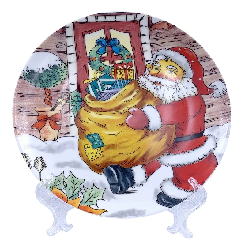 stylish bamboo serving platters for parties -Christmas Santa Round Appetizer Plate 7" with Plate Holder