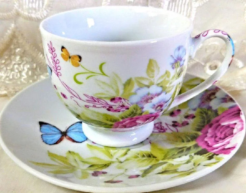 insulated coffee cup for cold drinks -Springtime Butterflies and Roses Porcelain Teacups Case of 24 includes 24 Tea Cups & 24 Saucers