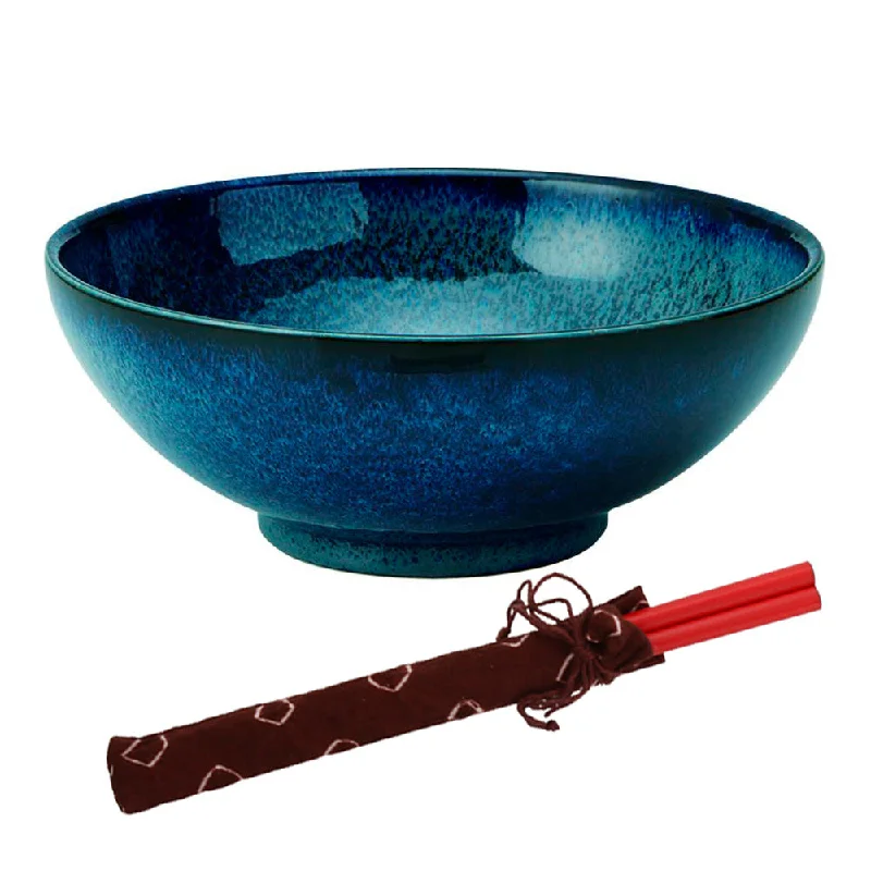 premium porcelain serving dishes for picnics -43.1 oz Wide Mouth Ramen, Donburi Bowl with Chopsticks - Sapphire Navy Blue (Youhen Kon)