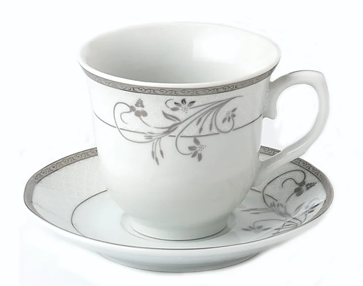 large mug for hot coffee -Scrolling Silver Viola Porcelain Tea Cups and Saucers Bulk Wholesale Priced - Set of 4