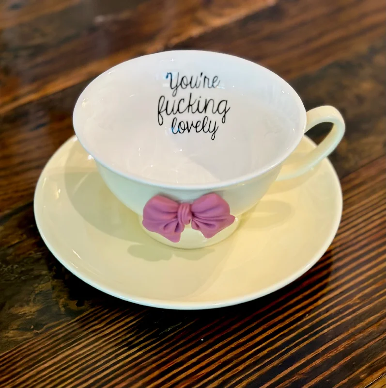 personalized name mug -You’re fucking lovely | vulgar vintage style yellow tea cup and saucer with pink 3d bow