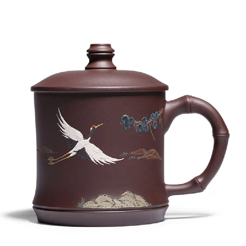 large tea mug for gifts -Yixing Purple Clay Pine Crane Tea Cup