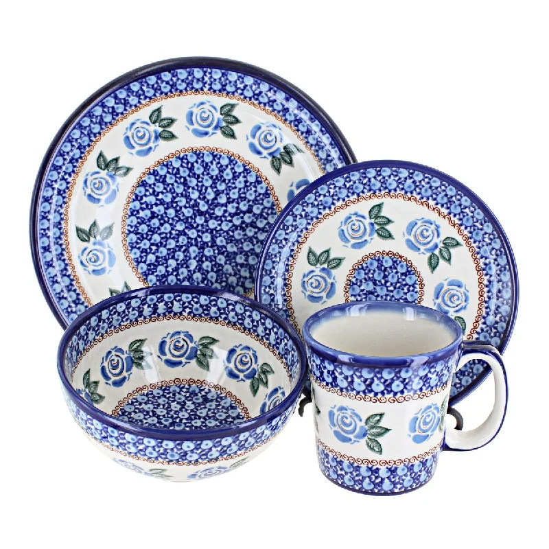 elegant porcelain bowls for family meals -Blue Rose Polish Pottery Kalich Dinnerware (16 PC)