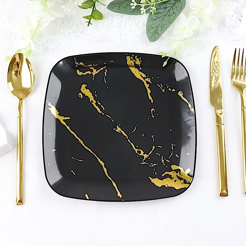 high-end bamboo flatware for formal events -10 Metallic Marble Square Disposable Plates