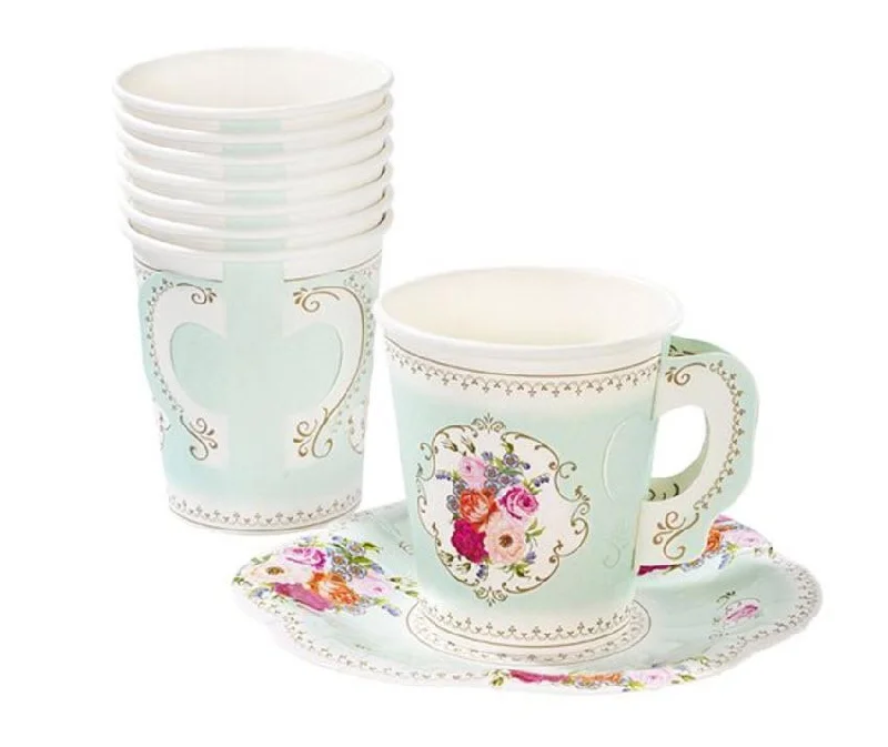 travel coffee mug for morning -Paper Tea Cups and Saucers in Vintage Floral Design